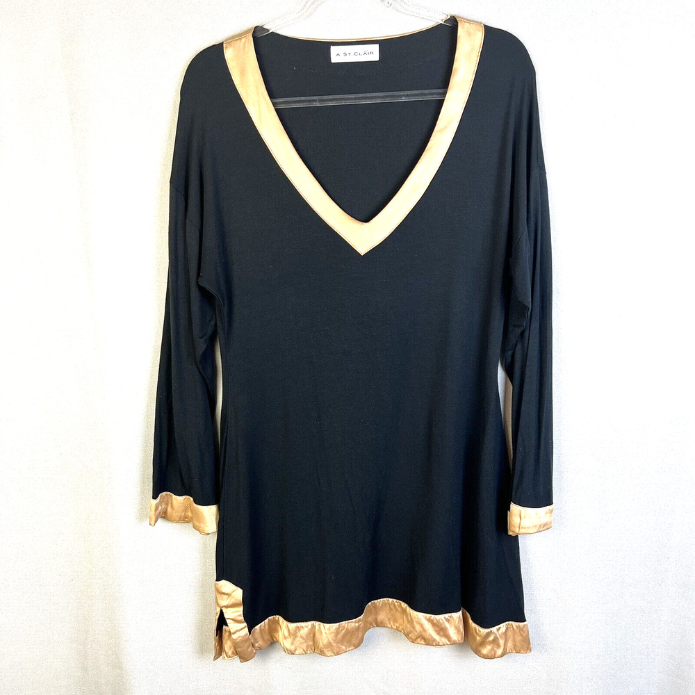 A. ST. CLAIR Tunic Top Women's Medium V Neck Stretch Party Casual Black Gold